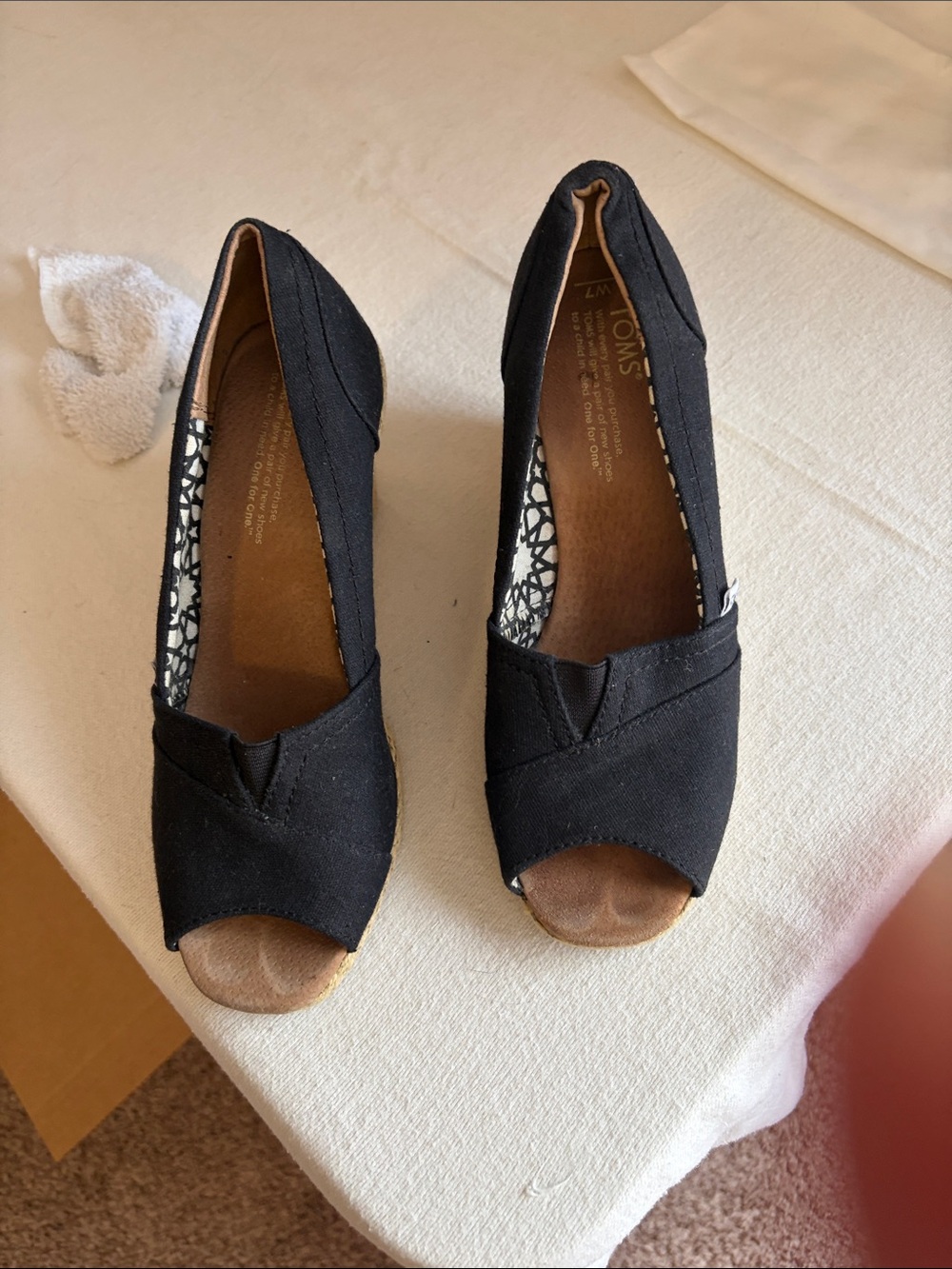 Toms Black Canvas Peep-Toe Wedge Heels